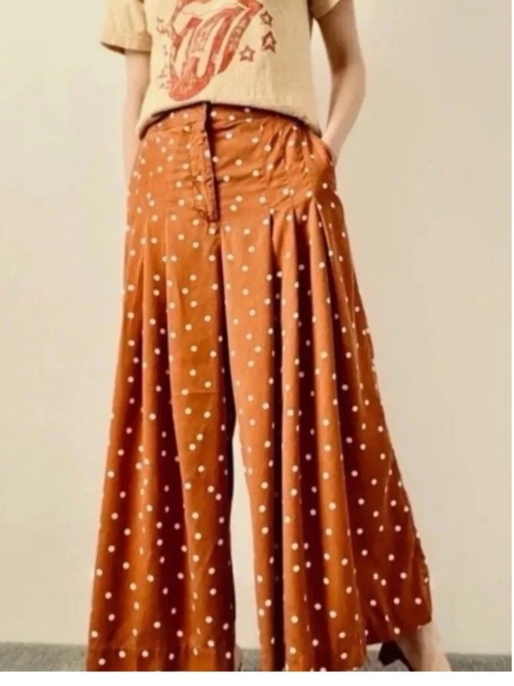 Anthropologie Rust Brown Polka Dot Wide-Leg Jumpsuit